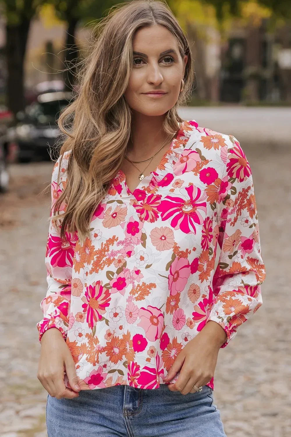 Floral V - Neck Frill Long Sleeve Blouse - VILLA FASHION
