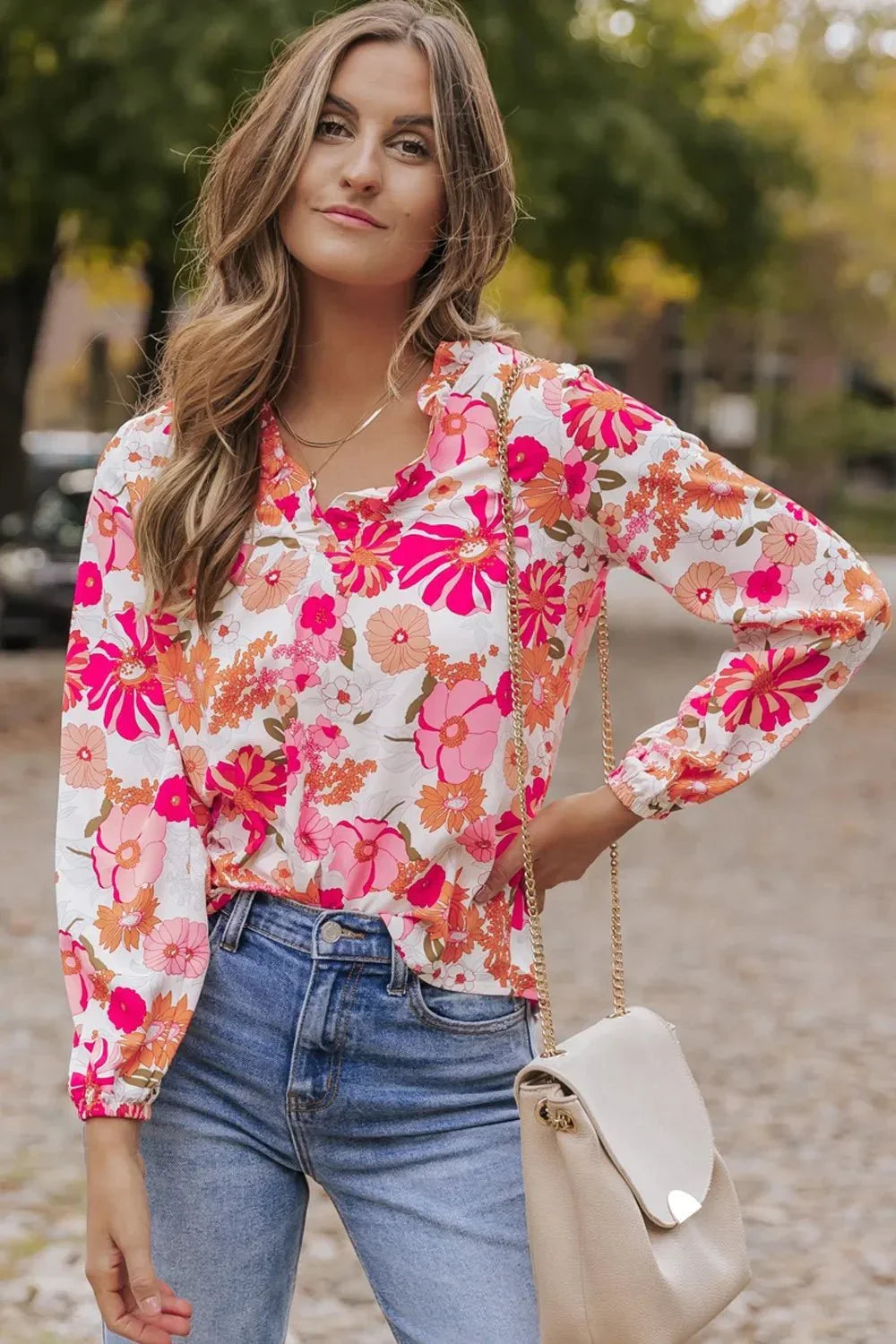 Floral V - Neck Frill Long Sleeve Blouse - VILLA FASHION