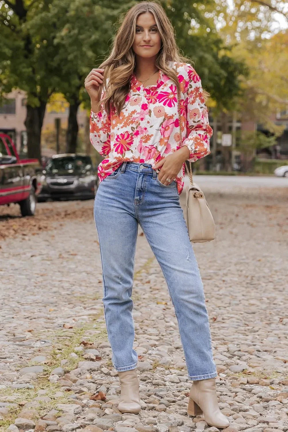 Floral V - Neck Frill Long Sleeve Blouse - VILLA FASHION