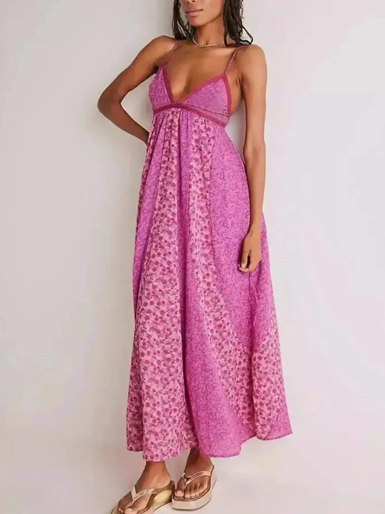 Floral V - Neck Maxi Cami Dress - VILLA FASHION