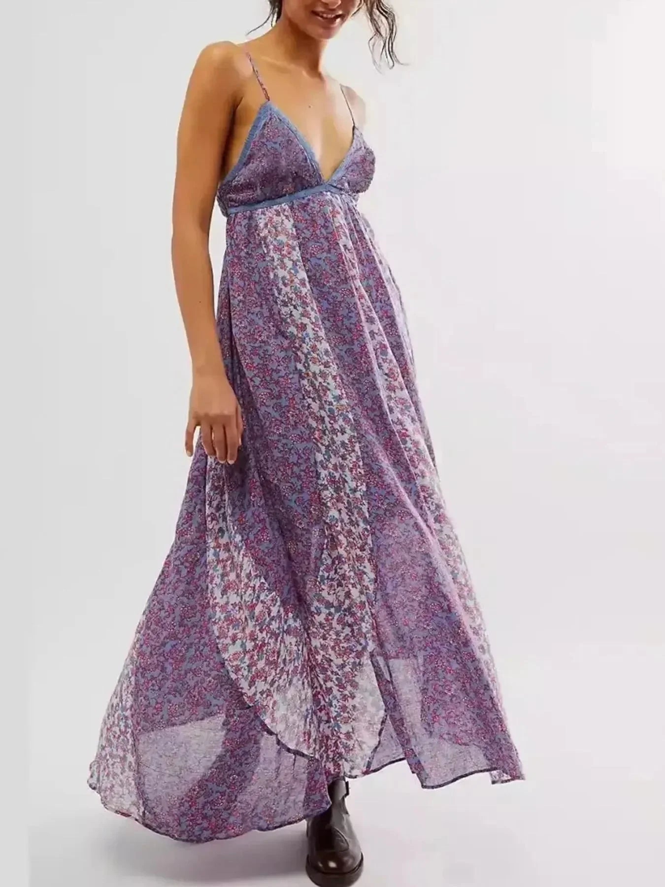Floral V - Neck Maxi Cami Dress - VILLA FASHION