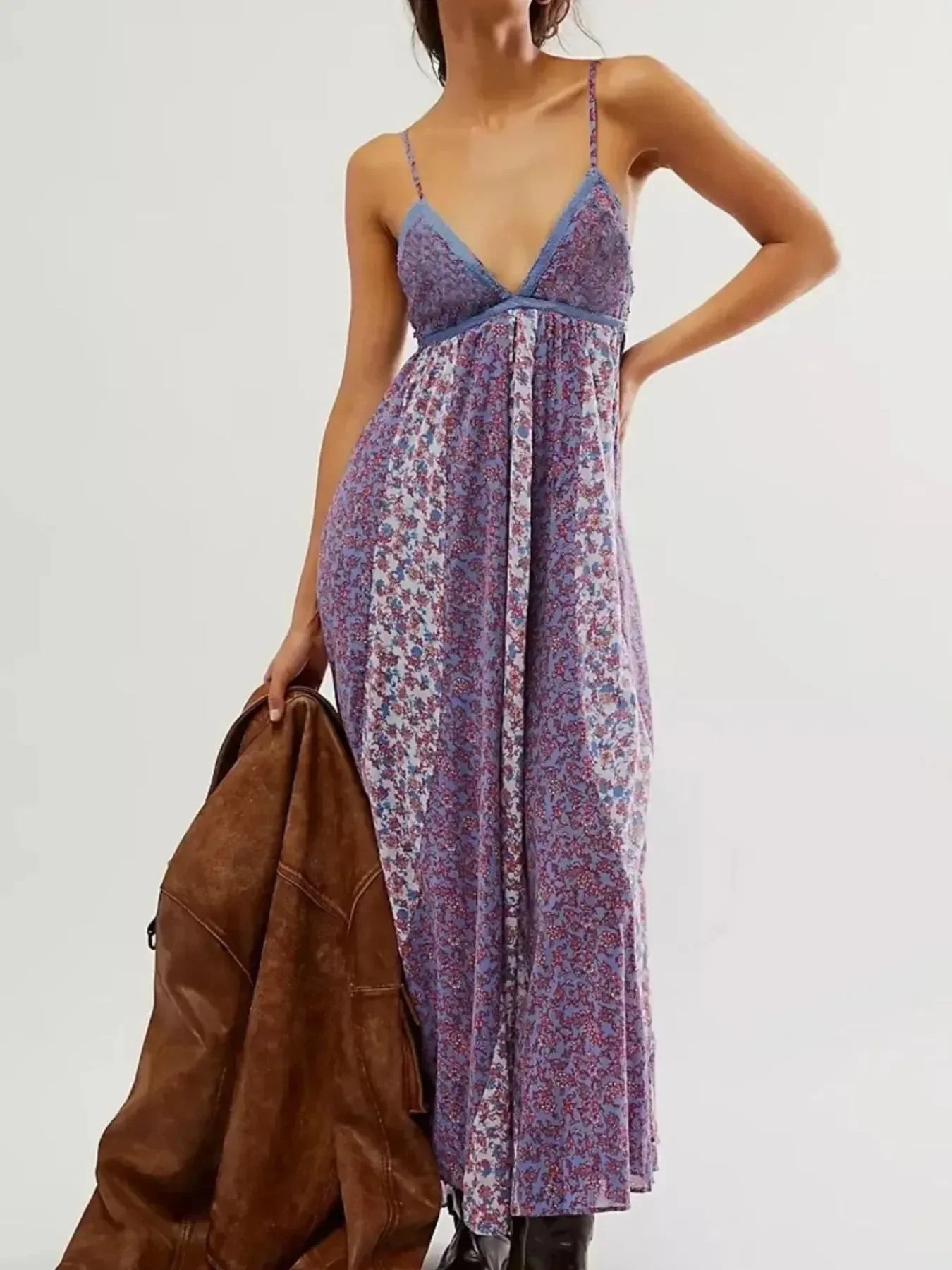 Floral V - Neck Maxi Cami Dress - VILLA FASHION