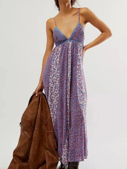 Floral V - Neck Maxi Cami Dress - VILLA FASHION