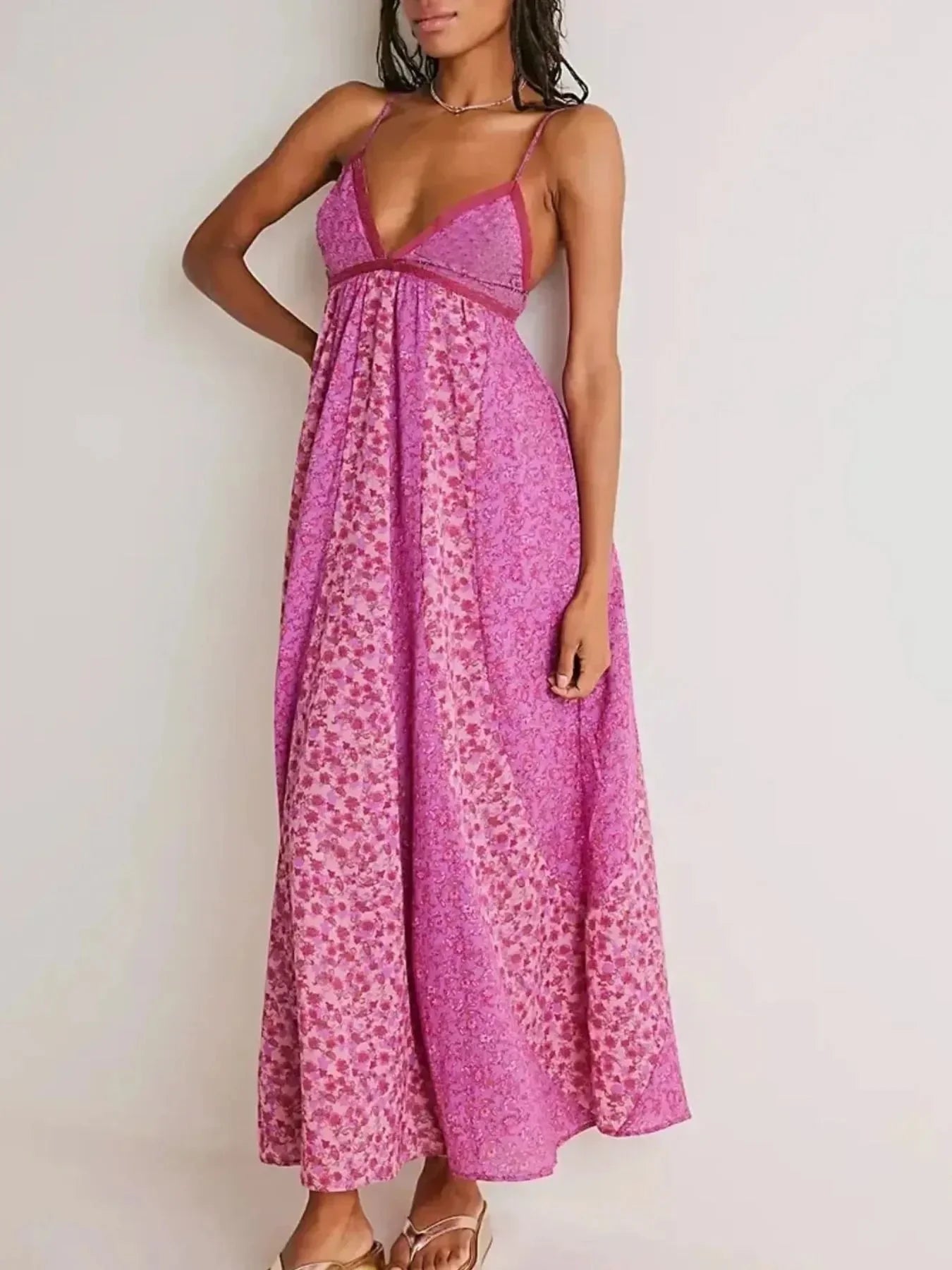 Floral V - Neck Maxi Cami Dress - VILLA FASHION