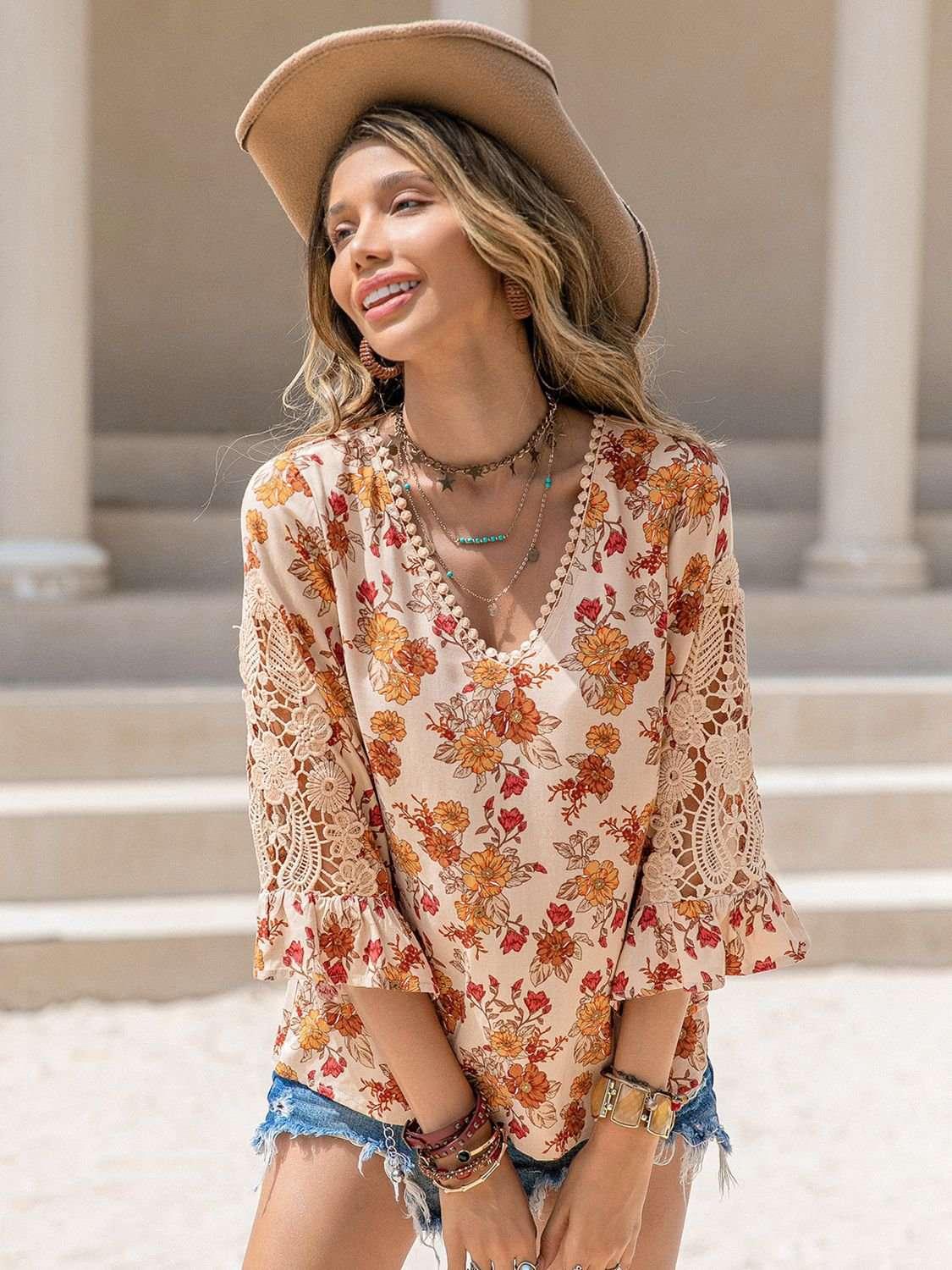 Floral V - Neck Spliced Lace Blouse - VILLA FASHION