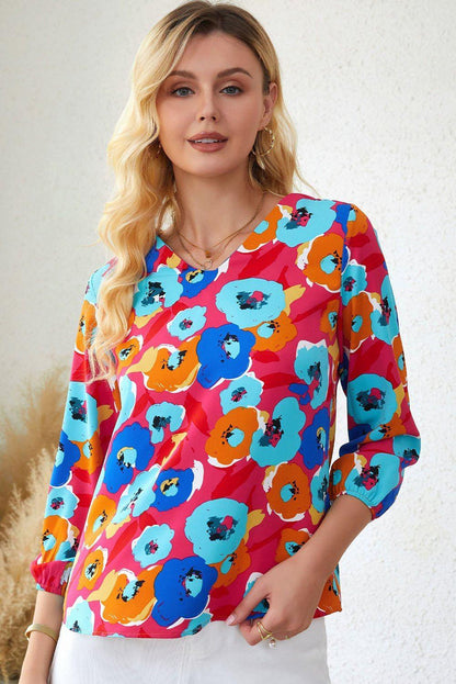 Floral V - Neck Three - Quarter Sleeve Top - VILLA FASHION