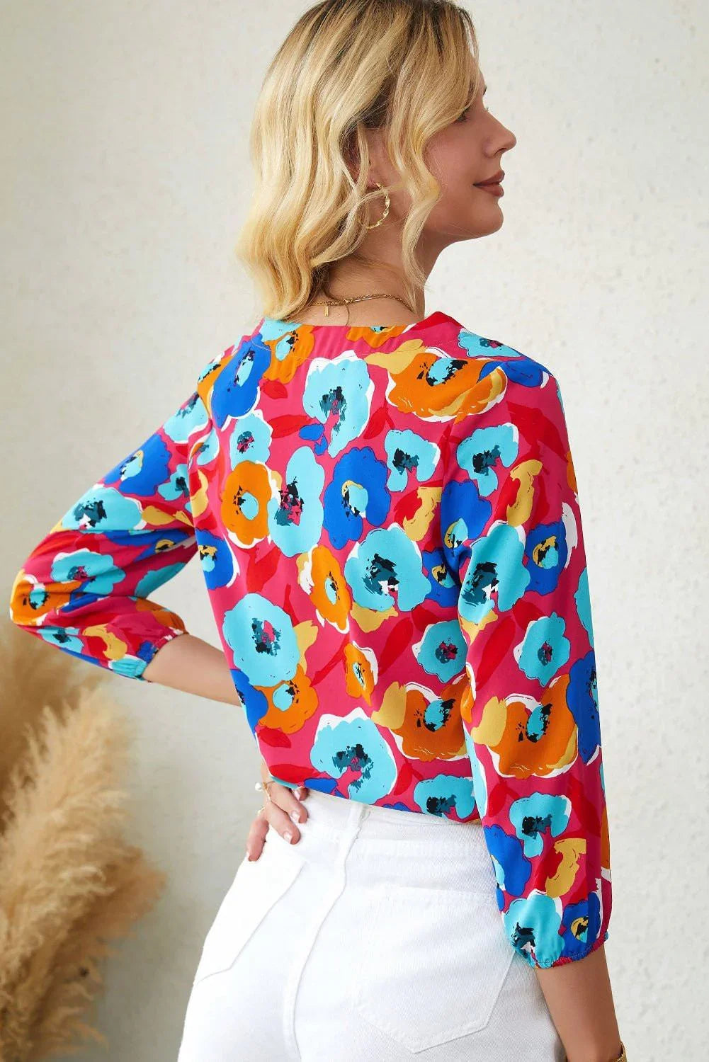 Floral V - Neck Three - Quarter Sleeve Top - VILLA FASHION