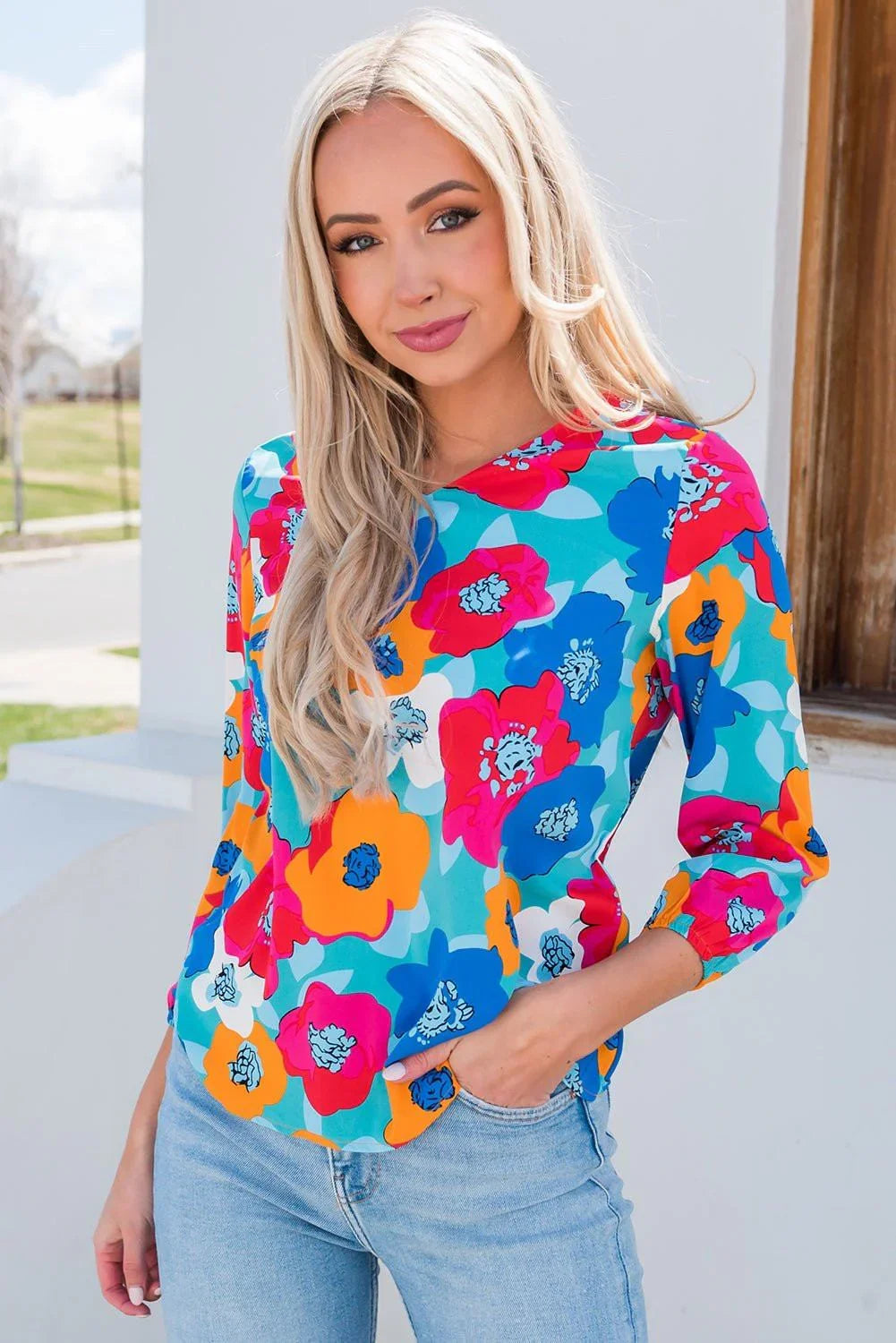 Floral V - Neck Three - Quarter Sleeve Top - VILLA FASHION
