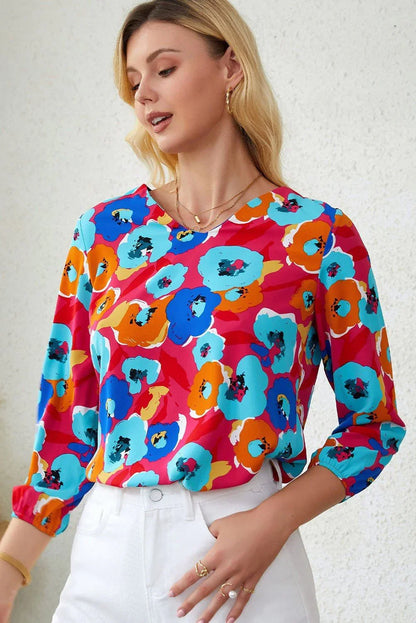 Floral V - Neck Three - Quarter Sleeve Top - VILLA FASHION