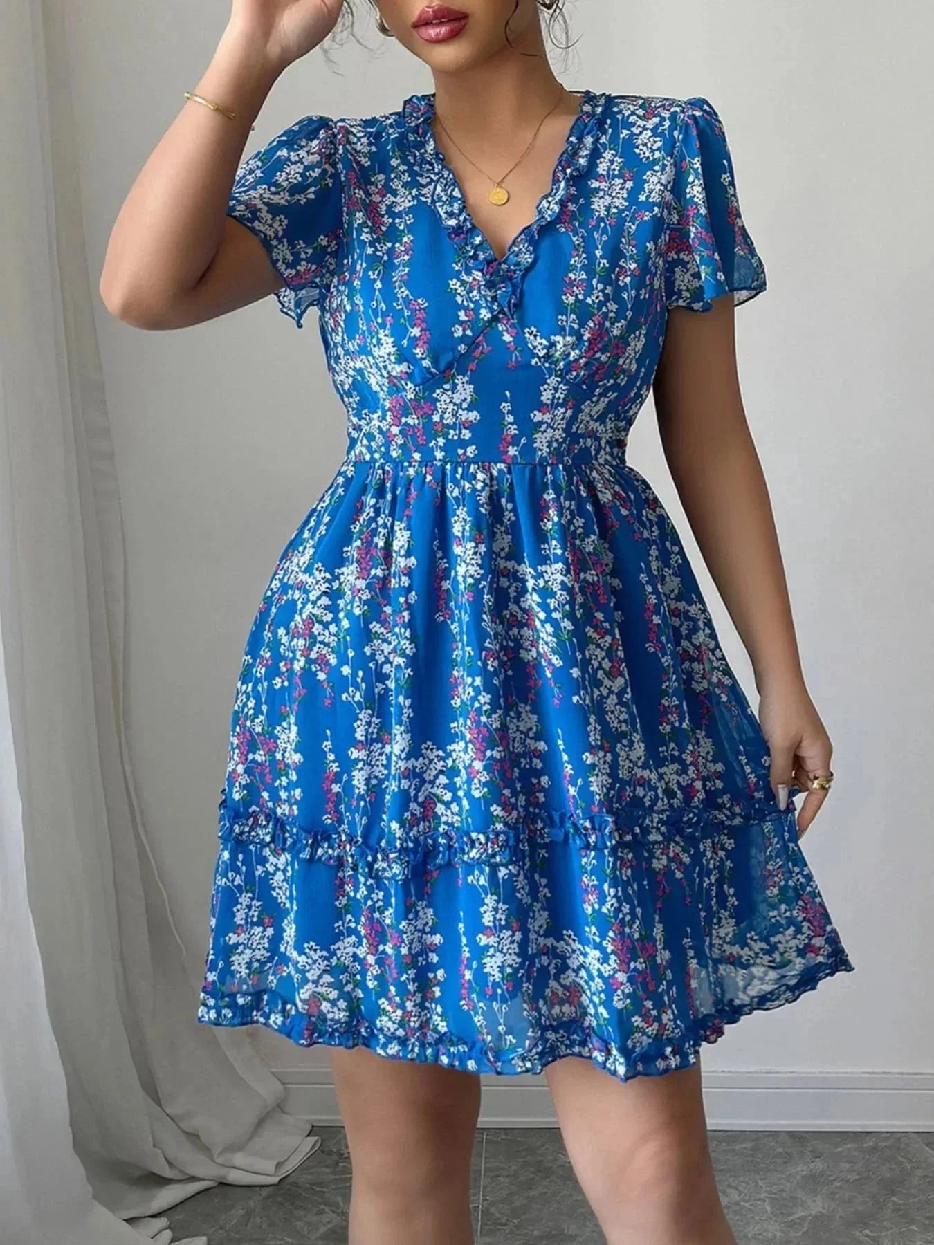 Floral Wrap Dress with Flutter Sleeves - VILLA FASHION