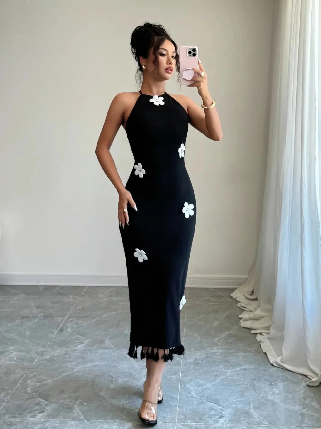 Flower Halter Neck Dress - VILLA FASHION