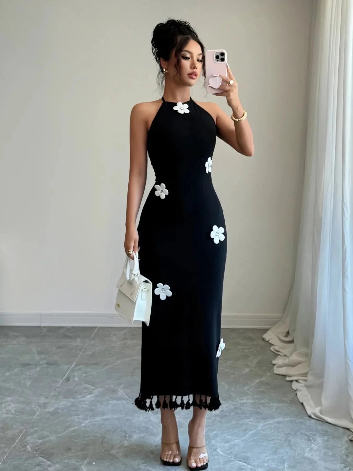 Flower Halter Neck Dress - VILLA FASHION