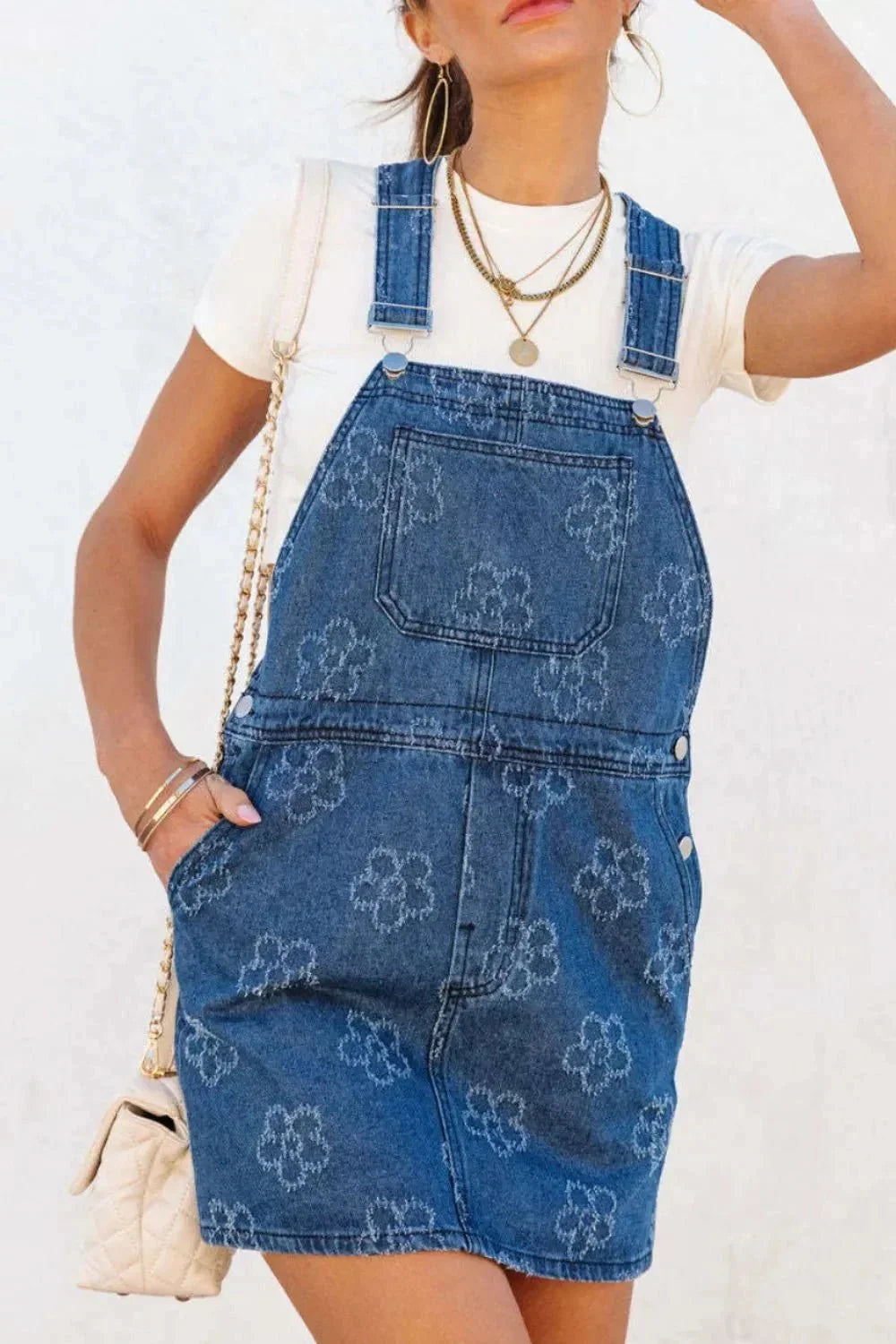 Flower Print Square Neck Denim Overall Dress - VILLA FASHION