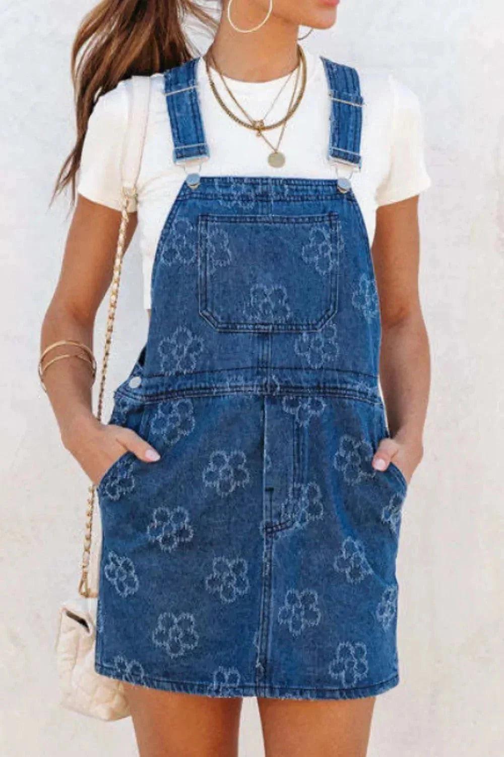 Flower Print Square Neck Denim Overall Dress - VILLA FASHION