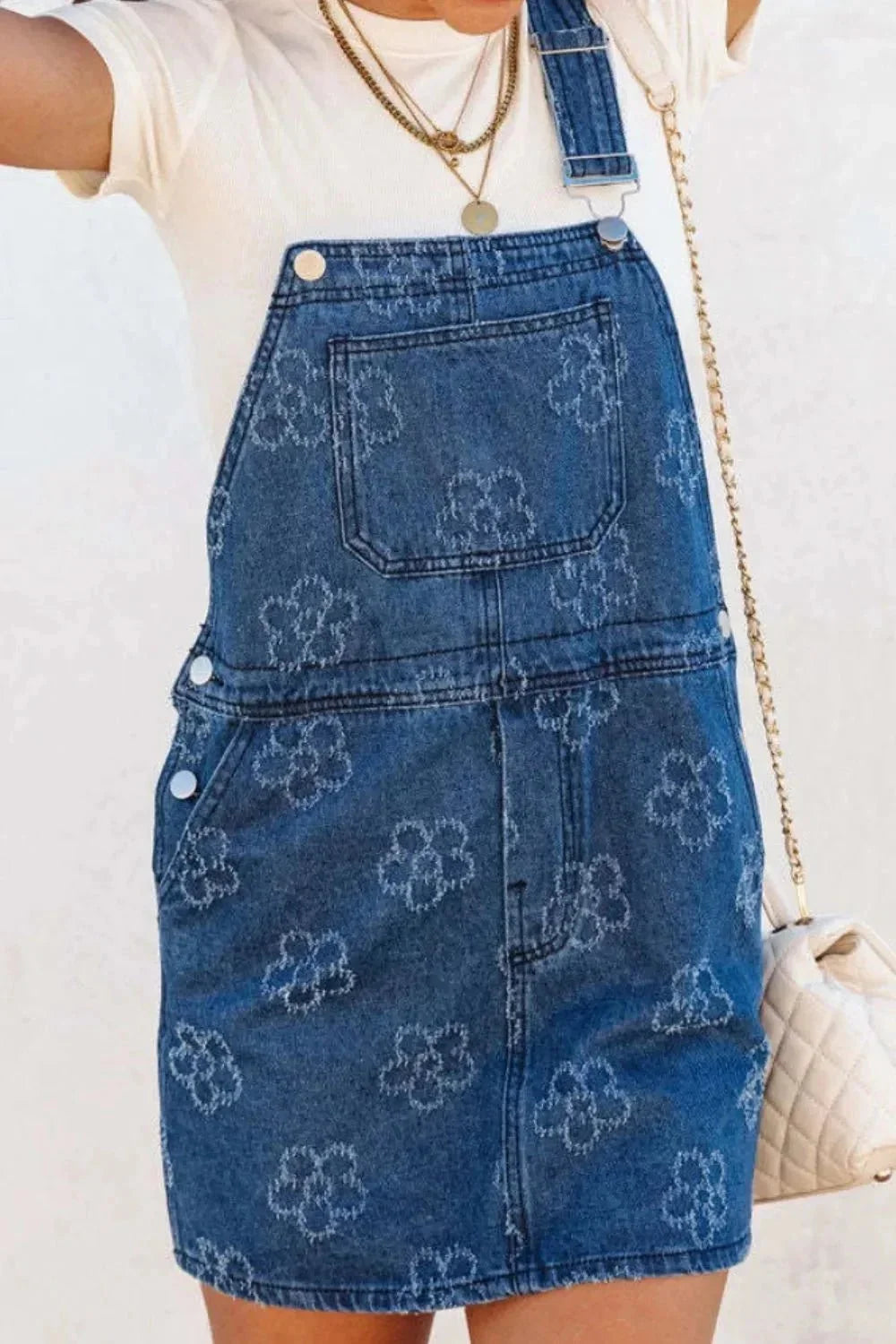 Flower Print Square Neck Denim Overall Dress - VILLA FASHION