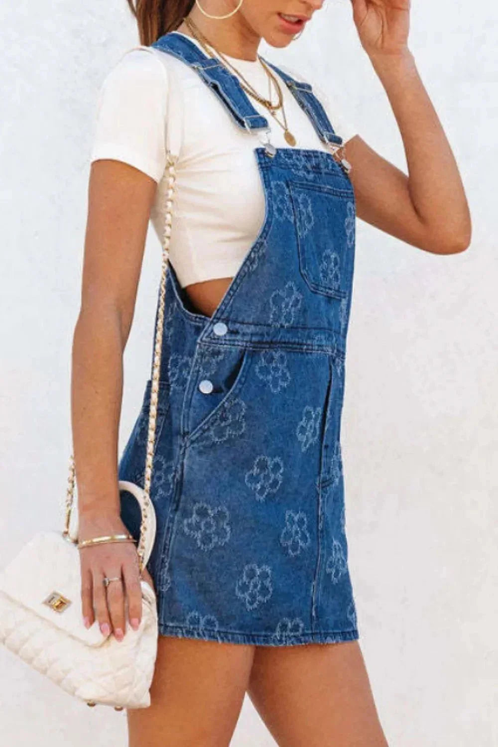 Flower Print Square Neck Denim Overall Dress - VILLA FASHION