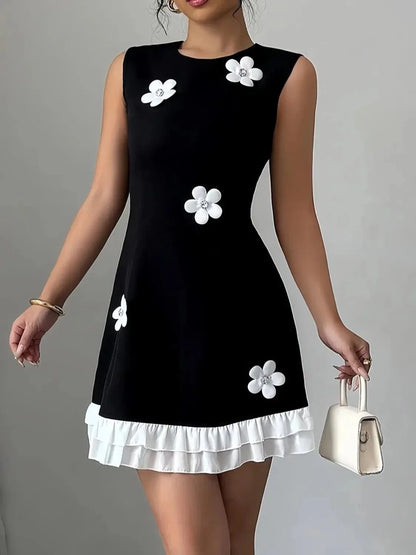 Flower Round Neck Sleeveless Dress - VILLA FASHION