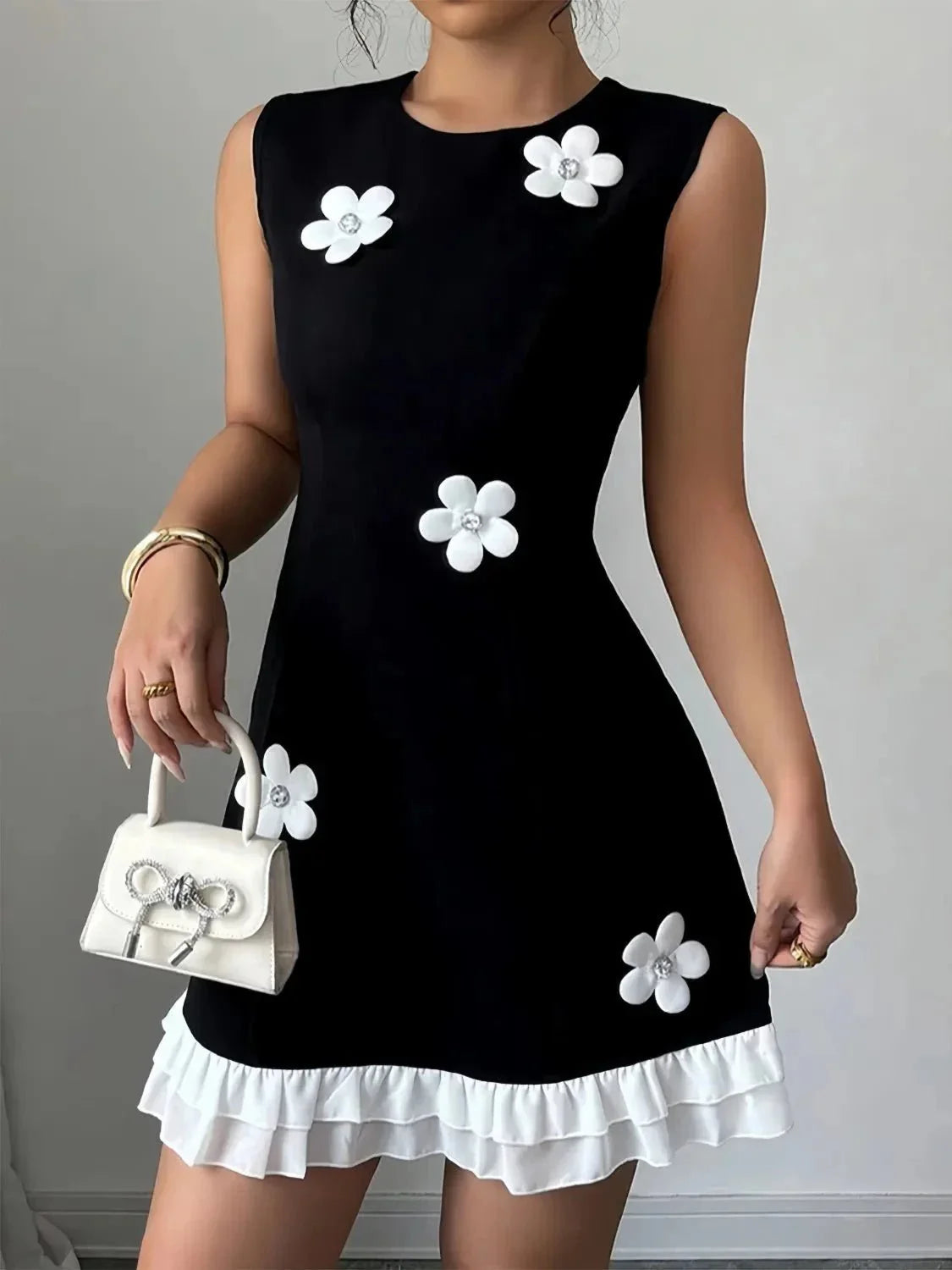 Flower Round Neck Sleeveless Dress - VILLA FASHION