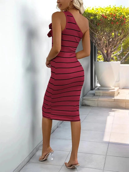 Flower Striped Single Shoulder Dress - VILLA FASHION