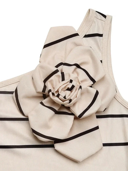Flower Striped Single Shoulder Dress - VILLA FASHION