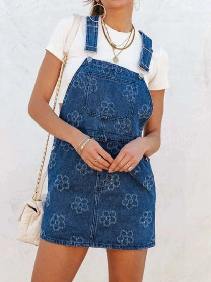 Flower Wide Strap Denim Overall Dress with Pockets - VILLA FASHION
