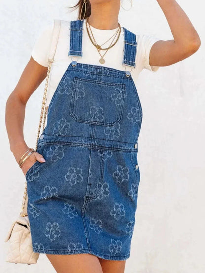 Flower Wide Strap Denim Overall Dress with Pockets - VILLA FASHION