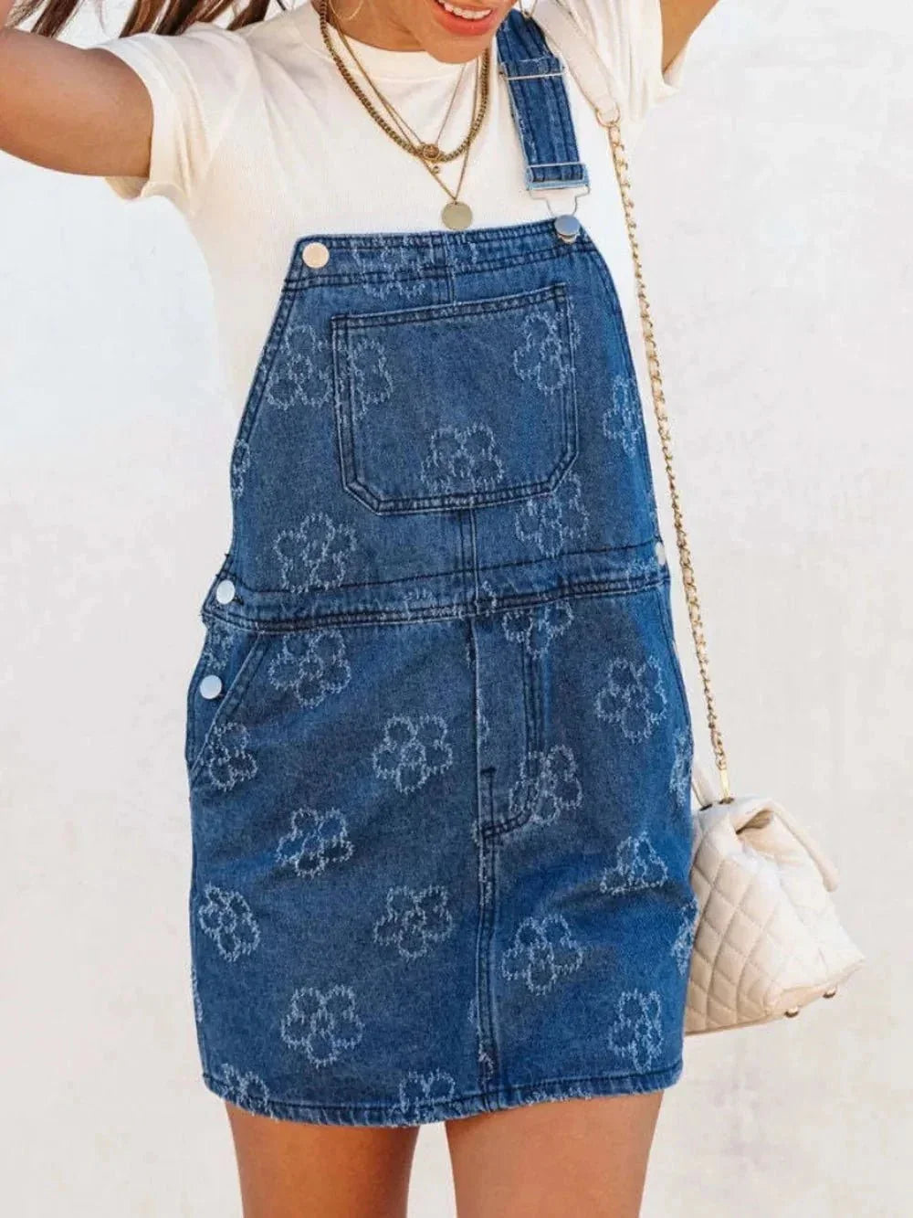 Flower Wide Strap Denim Overall Dress with Pockets - VILLA FASHION