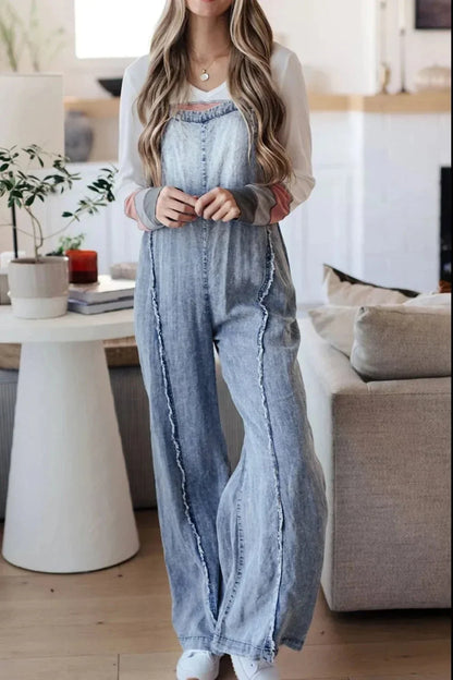 Frayed Exposed Seam Wide Leg Denim Overalls - VILLA FASHION