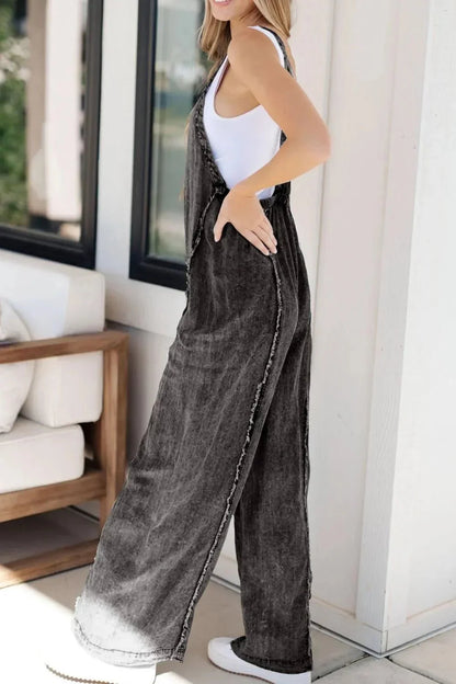 Frayed Exposed Seam Wide Leg Denim Overalls - VILLA FASHION