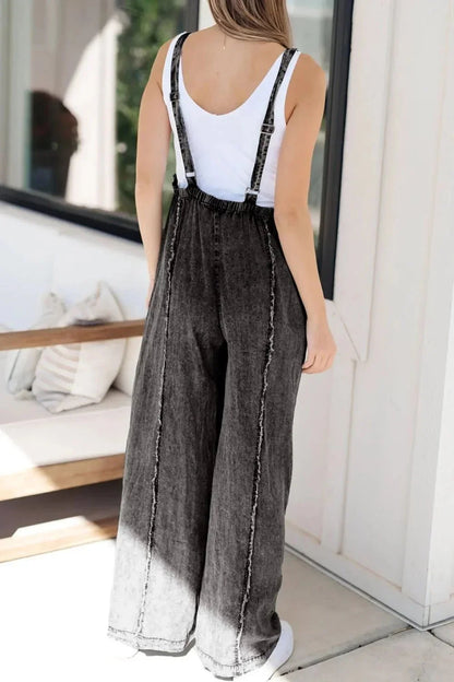 Frayed Exposed Seam Wide Leg Denim Overalls - VILLA FASHION