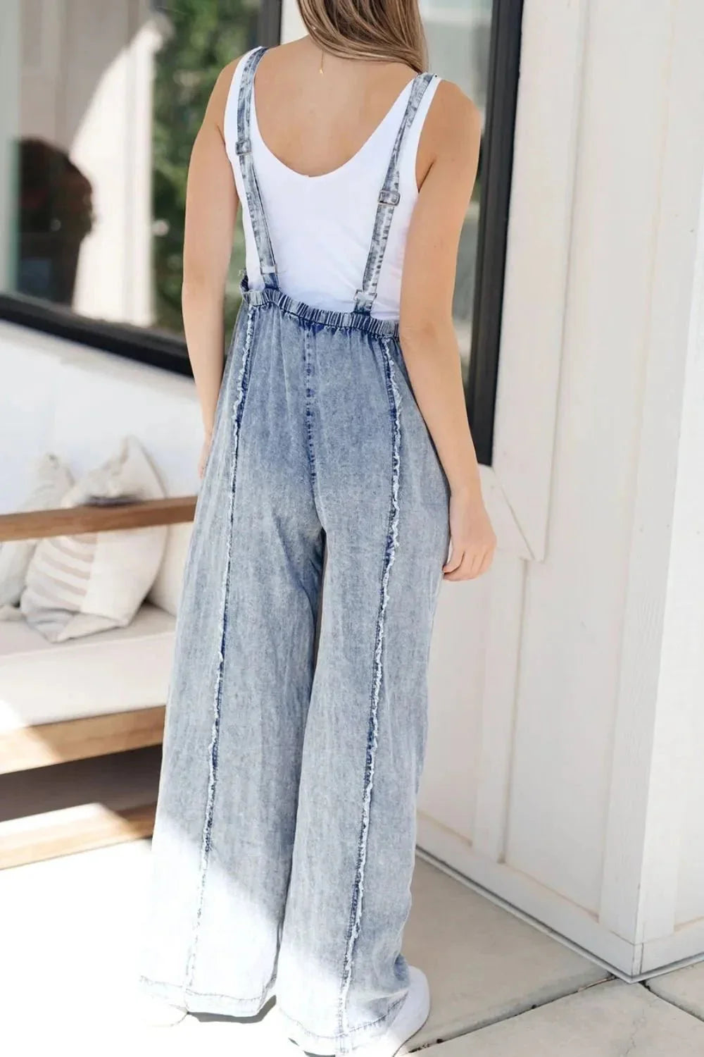 Frayed Exposed Seam Wide Leg Denim Overalls - VILLA FASHION