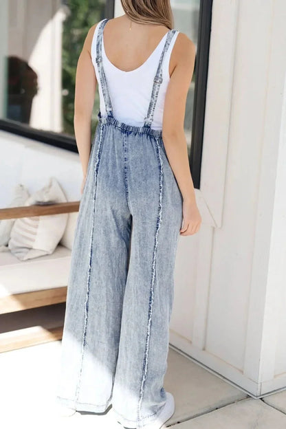 Frayed Exposed Seam Wide Leg Denim Overalls - VILLA FASHION