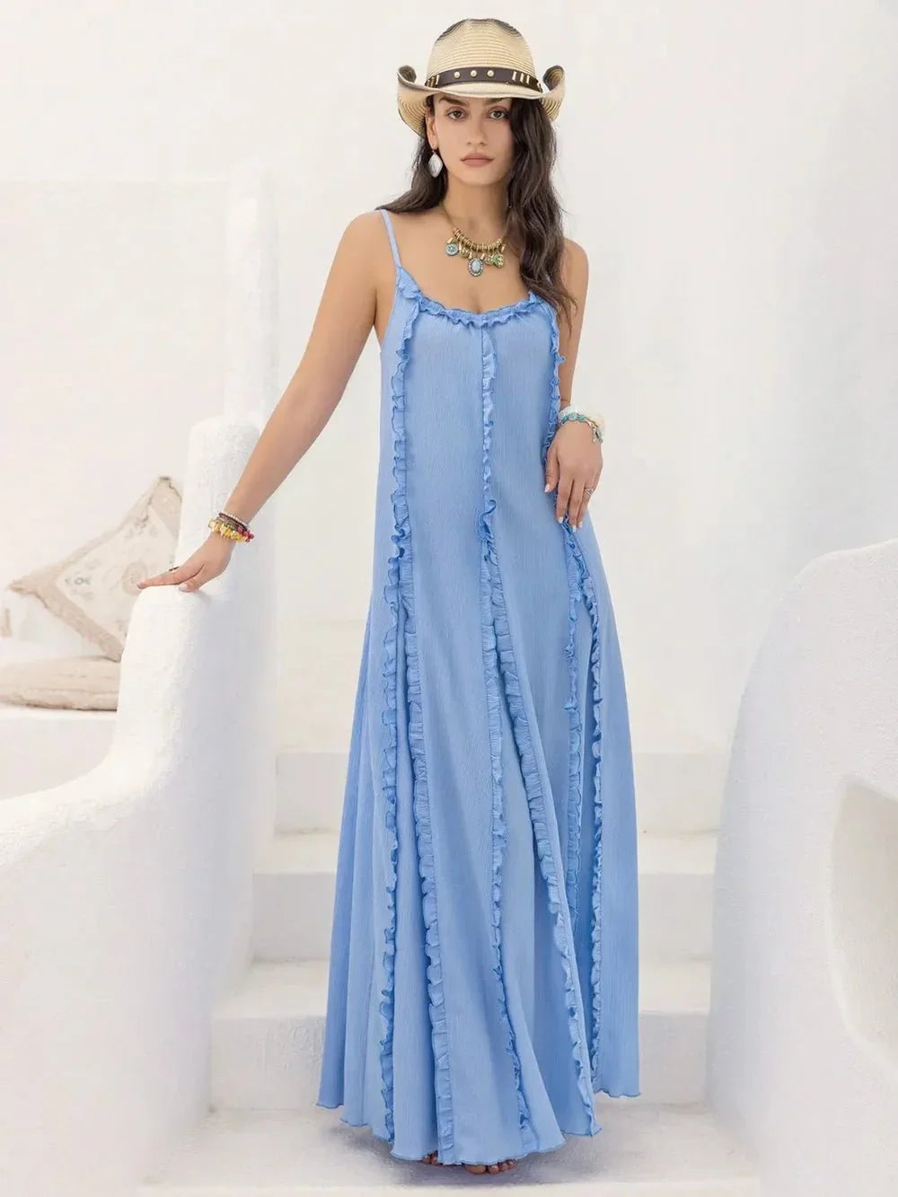 Frill Scoop Neck Maxi Cami Dress - VILLA FASHION