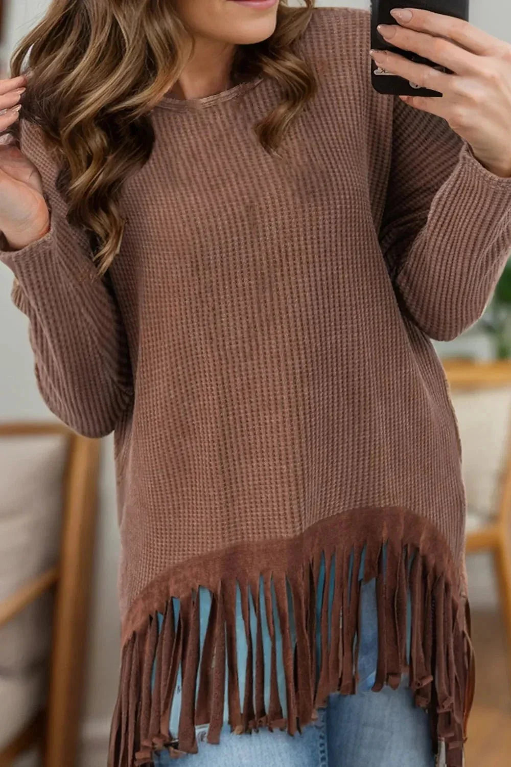 Fringe Round Neck Long Sleeve Top - VILLA FASHION
