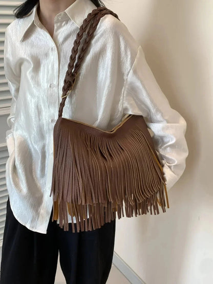 Fringe Solid Color Shoulder Bag - VILLA FASHION