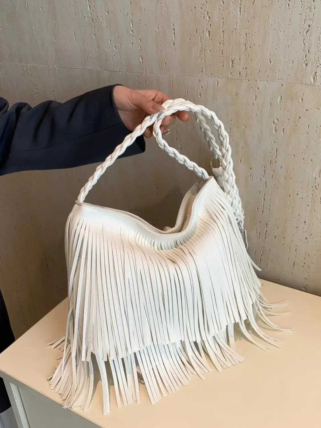 Fringe Solid Color Shoulder Bag - VILLA FASHION