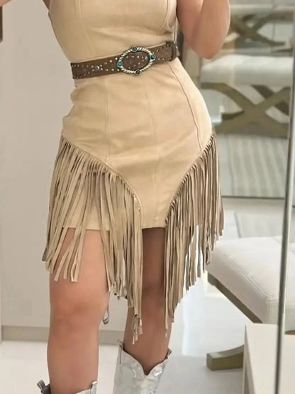 Fringe Square Neck Bodycon Mini Dress - VILLA FASHION