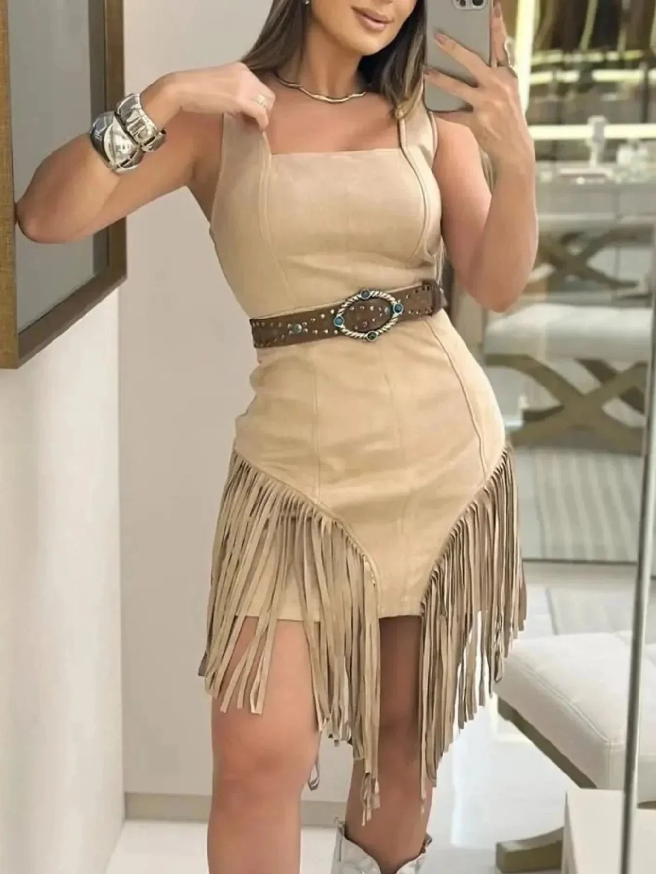 Fringe Square Neck Bodycon Mini Dress - VILLA FASHION