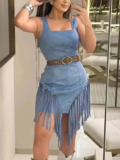 Fringe Square Neck Bodycon Mini Dress - VILLA FASHION