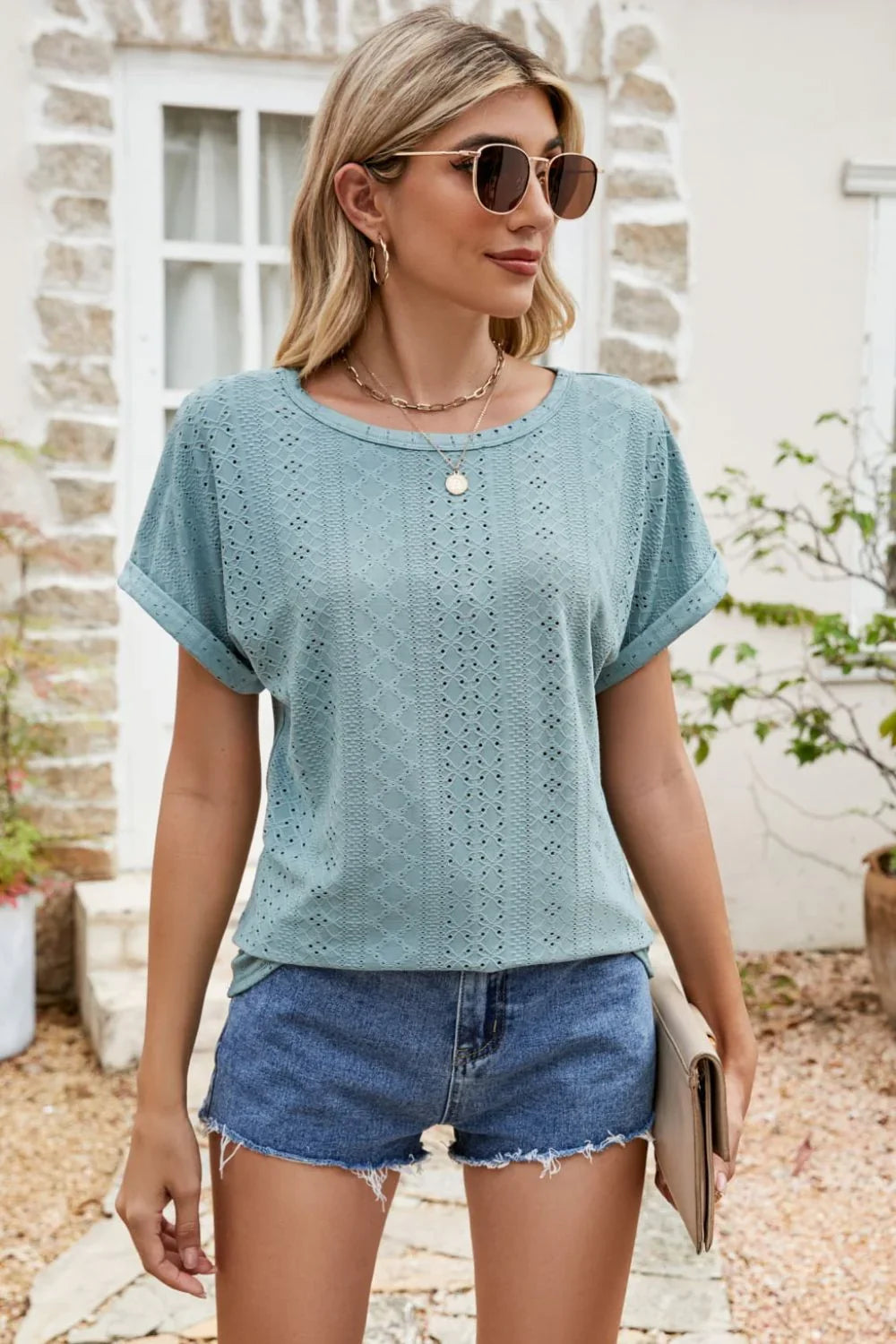 Full Size Round Neck Eyelet Short Sleeve Top - VILLA FASHION