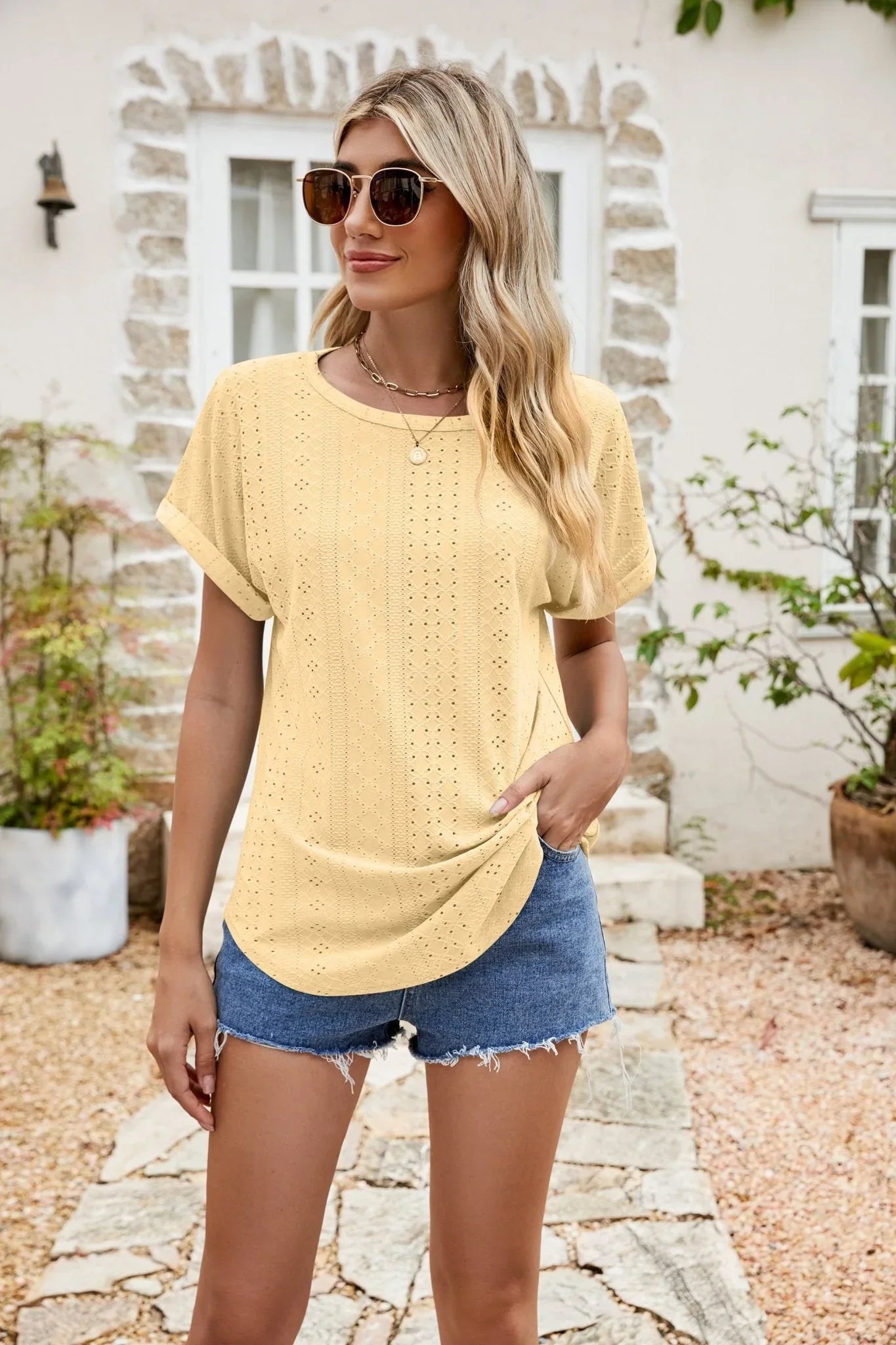 Full Size Round Neck Eyelet Short Sleeve Top - VILLA FASHION