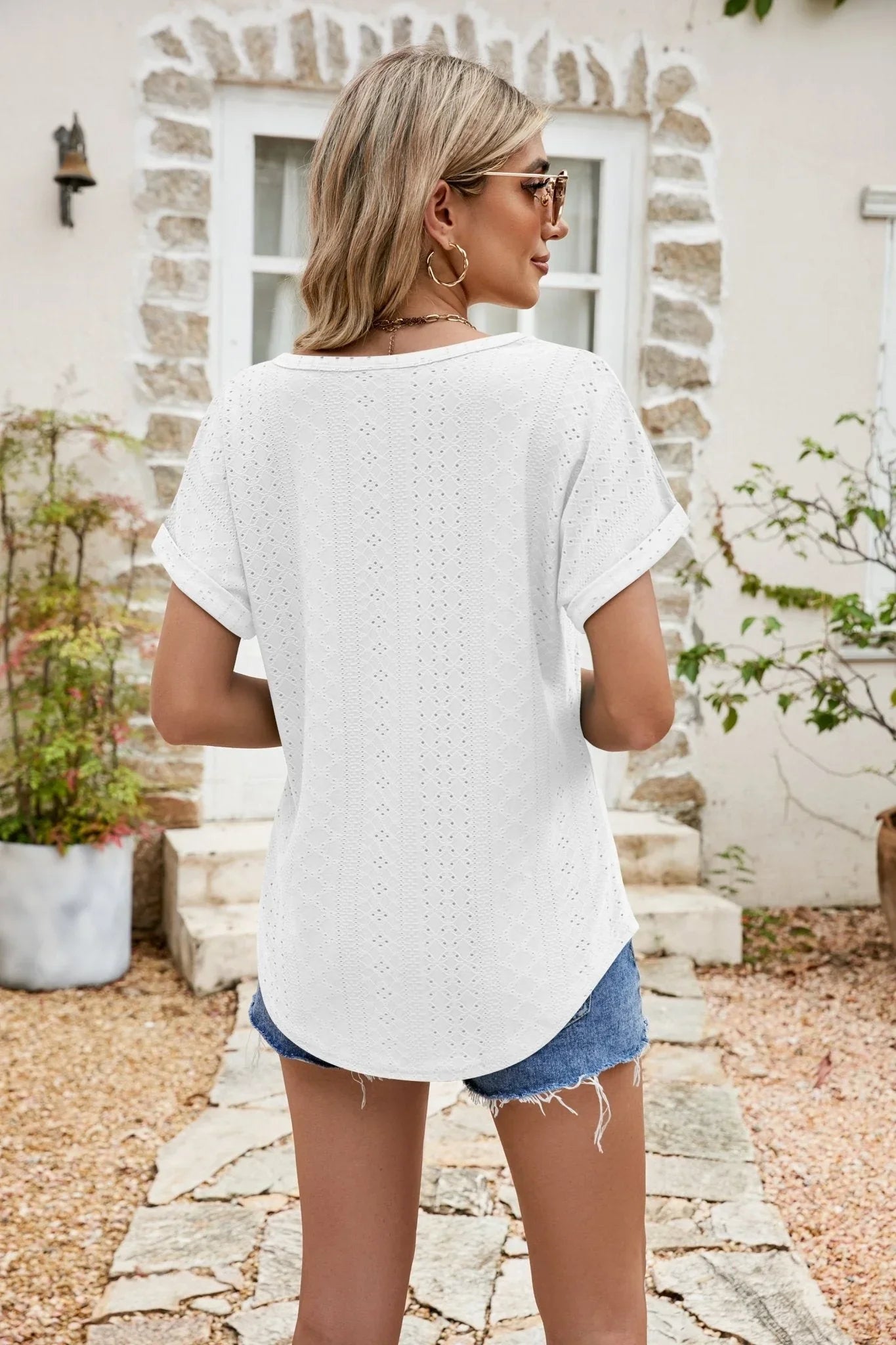 Full Size Round Neck Eyelet Short Sleeve Top - VILLA FASHION