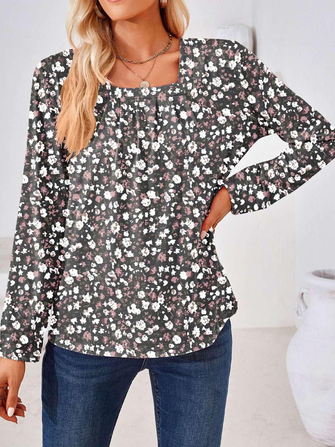 Full Size Square Neck Long Sleeve Blouse - VILLA FASHION