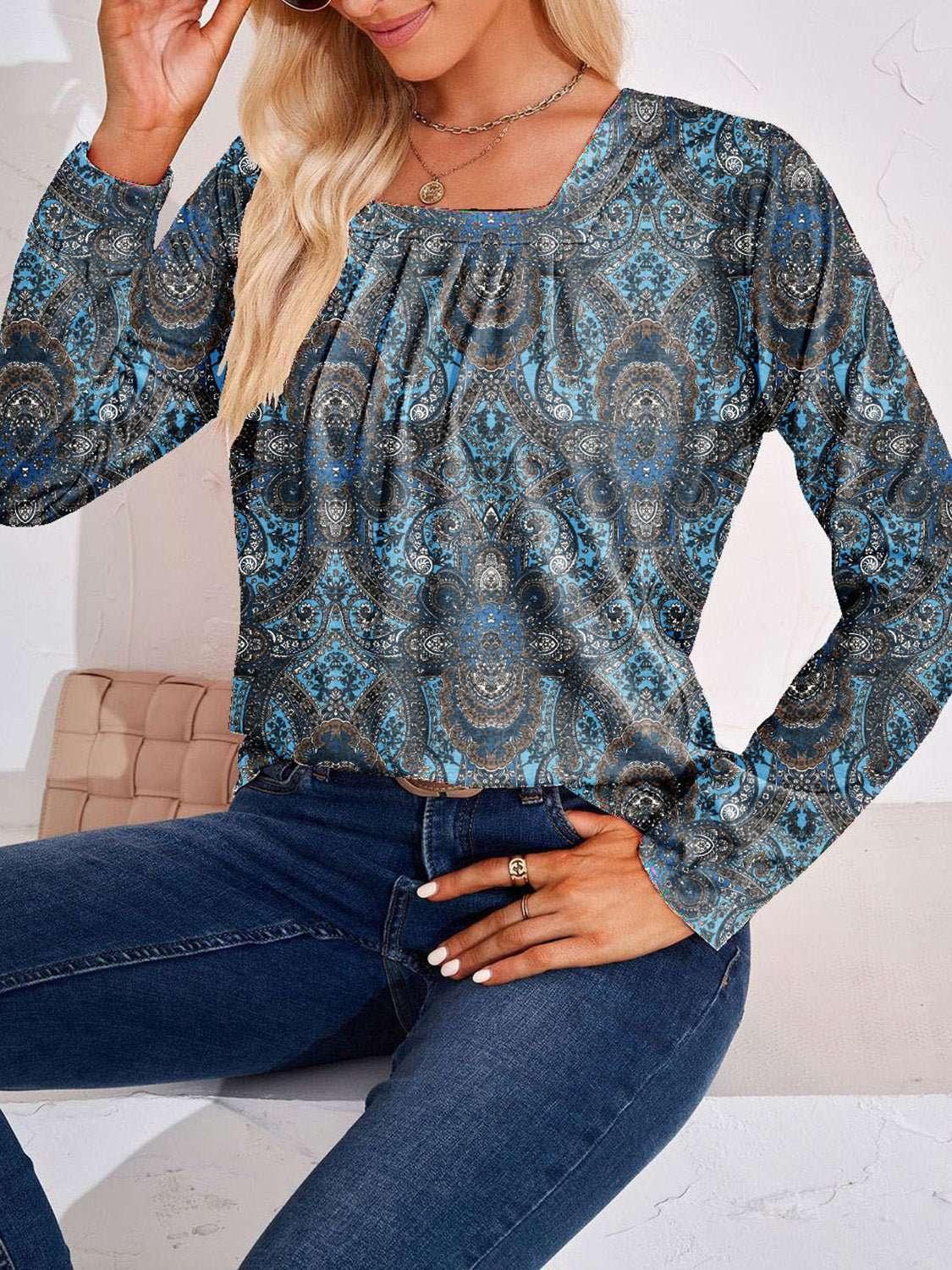 Full Size Square Neck Long Sleeve Blouse - VILLA FASHION