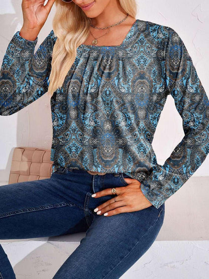 Full Size Square Neck Long Sleeve Blouse - VILLA FASHION