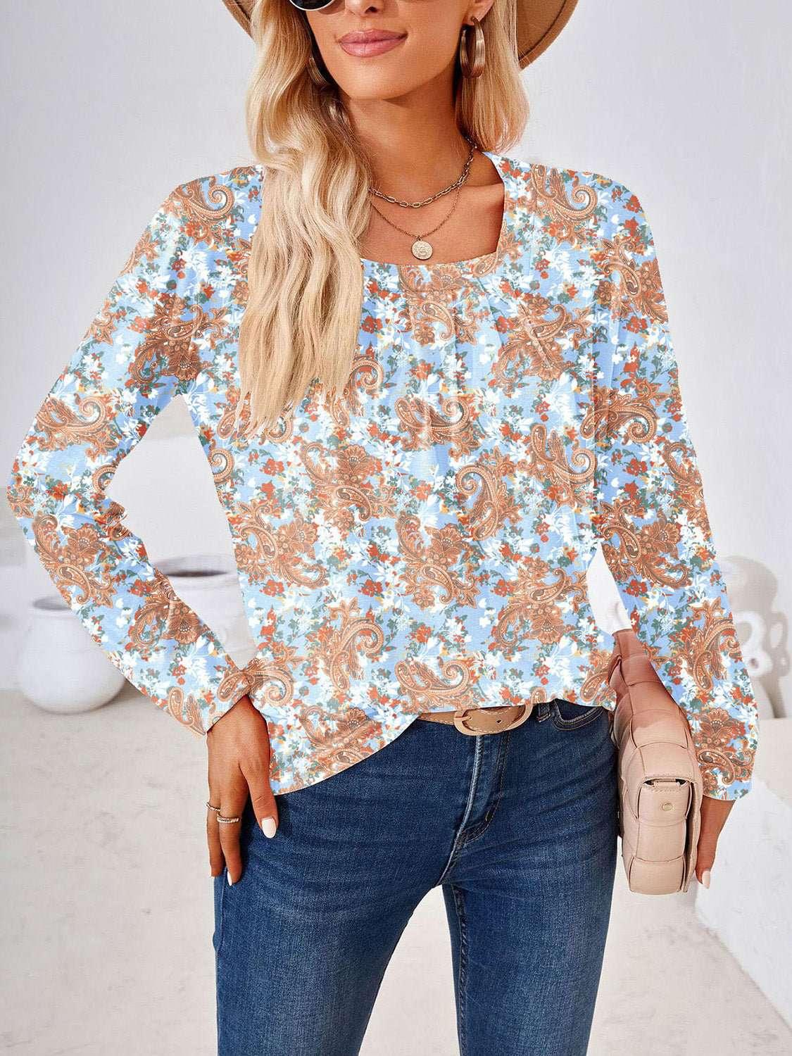 Full Size Square Neck Long Sleeve Blouse - VILLA FASHION