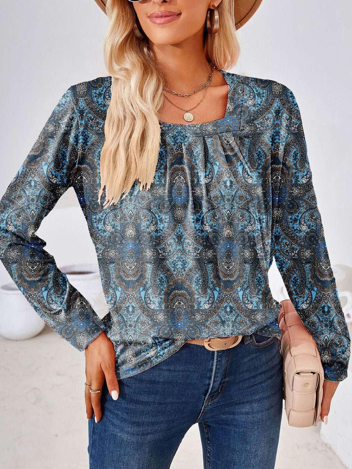 Full Size Square Neck Long Sleeve Blouse - VILLA FASHION