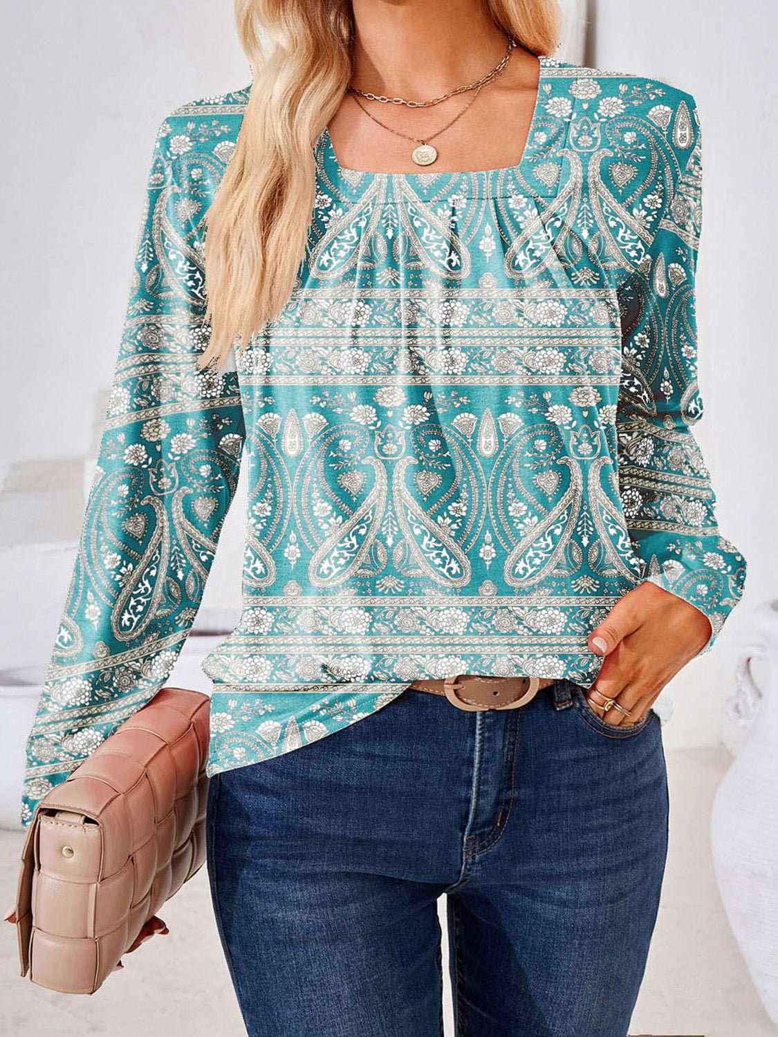 Full Size Square Neck Long Sleeve Blouse - VILLA FASHION