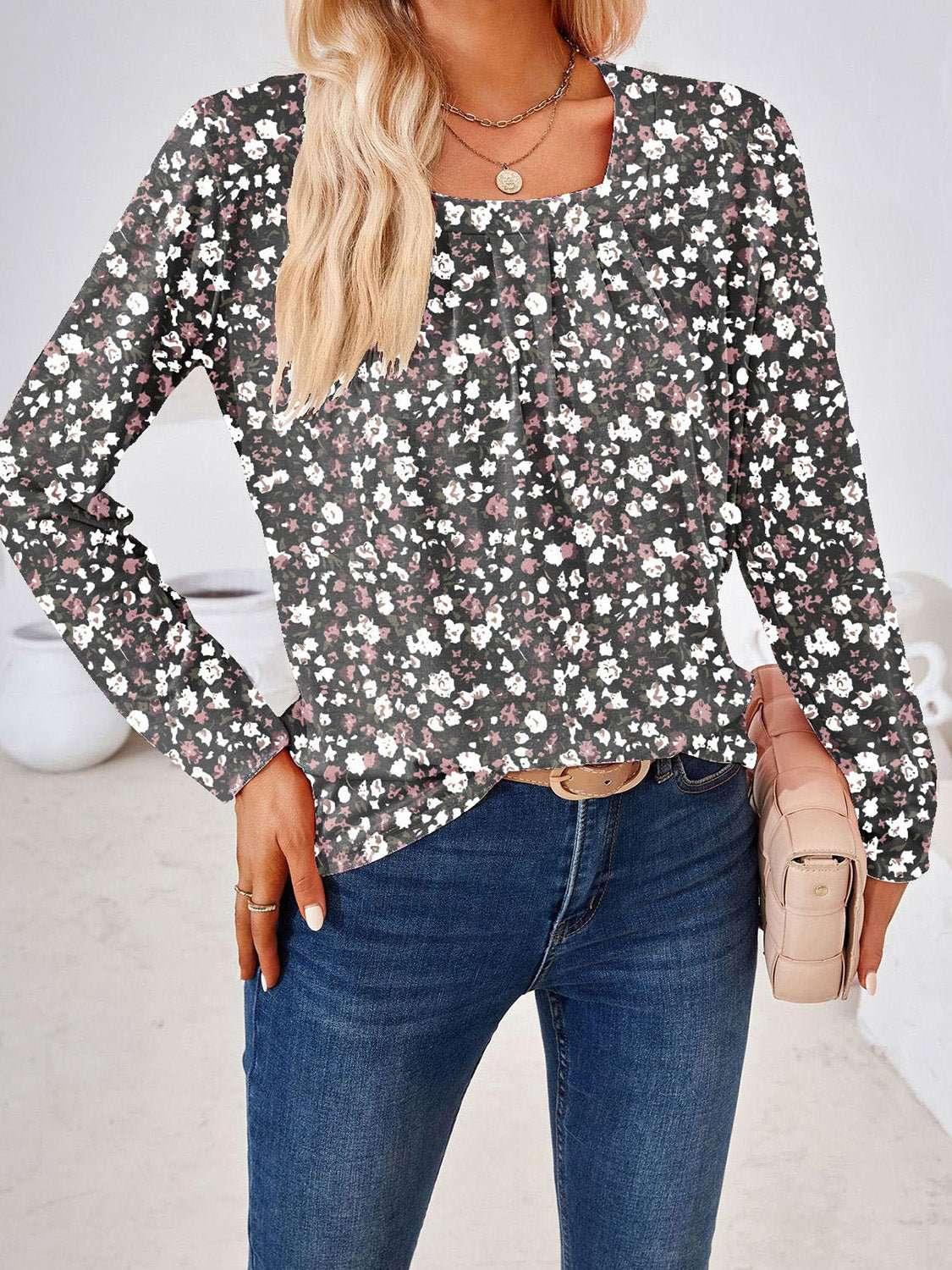 Full Size Square Neck Long Sleeve Blouse - VILLA FASHION