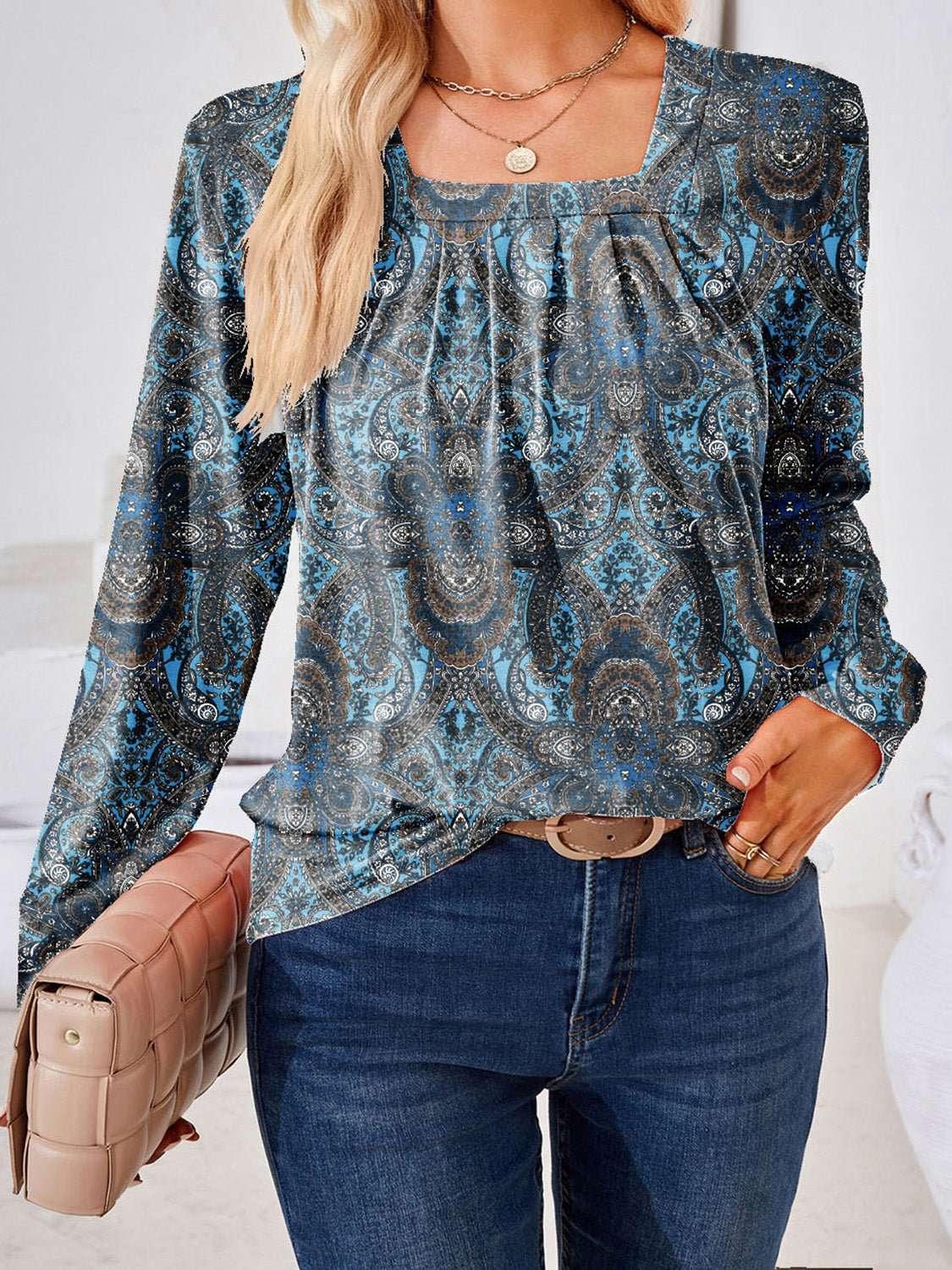Full Size Square Neck Long Sleeve Blouse - VILLA FASHION